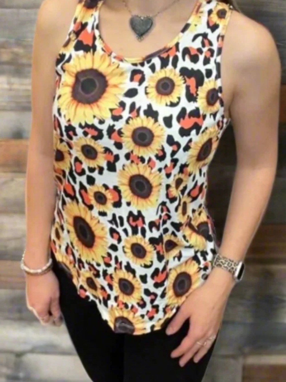 Sunflower and Leopard Print Tank Top with Twist Back
